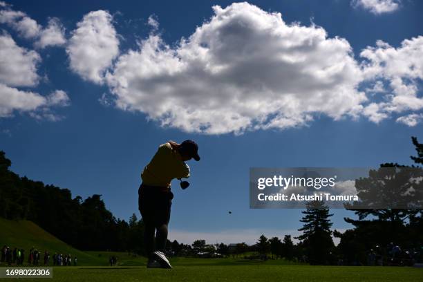 Mao Saigo of Japan hits her tee shot on the 9th hole during the final round of 50th Miyagi TV Cup Dunlop Ladies Open Golf Tournament at Rifu Golf...