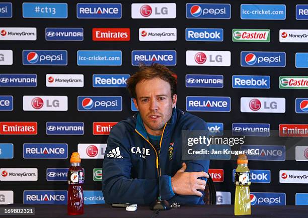 South Africa cricket captain AB de Villiers talks to the media during an ICC Champions Trophy press conference at the Royal Garden Hotel on June 2,...