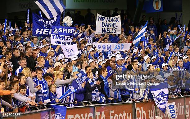 Kangaroos fans celebrate the win during the round ten AFL match between the North Melbourne Kangaroos and the St Kilda Saints at Etihad Stadium on...