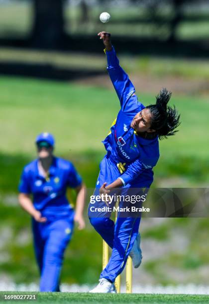 Jannatul Sumona of the Meteors bowls during the WNCL match between South Australia and ACT at Karen Rolton Oval, on September 24 in Adelaide,...