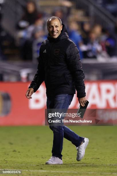 Los Angeles FC head coach Steve Cherundolo reacts after a match against Philadelphia Union at Subaru Park on September 23, 2023 in Chester,...