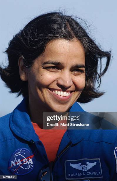Flight engineer Kalpana Chawla attends a press conference December 20, 2002 at the Kennedy Space Center, Florida. Mission STS-107 is scheduled to...