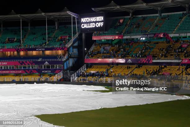 Match called off due to rain during the ICC Men's Cricket World Cup India 2023 warm up match between India and England at Barsapara Cricket Stadium...