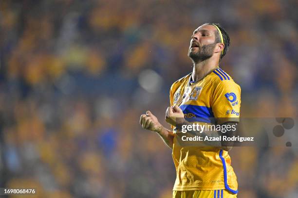 Andre-Pierre Gignac of Tigres celebrates after scoring the team's first goal during the 9th round match between Tigres UANL and Monterrey as part of...