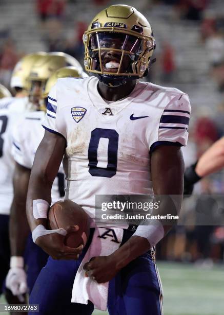 Irons of the Akron Zips celebrates a touchdown during overtime in the game against the Indiana Hoosiers at Memorial Stadium on September 23, 2023 in...