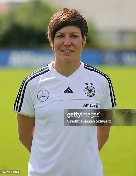 Linda Bresonik poses during the team presentation of the German Womens' National Soccer Team at Sportschule Kaiserau on June 2, 2013 in Kamen,...