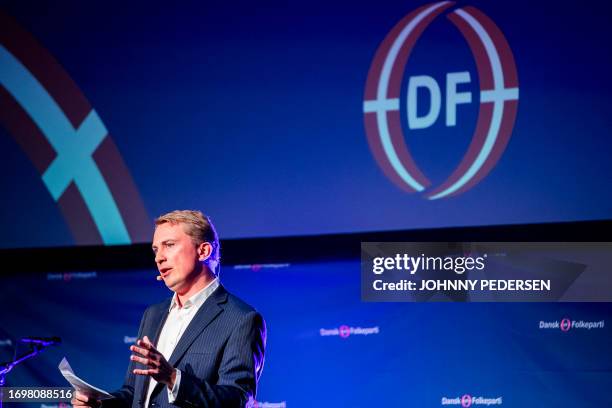 The Danish People's Party chairman Morten Messerschmidt gives the opening speech of the party's annual meeting in Viborg on September 30, 2023. /...