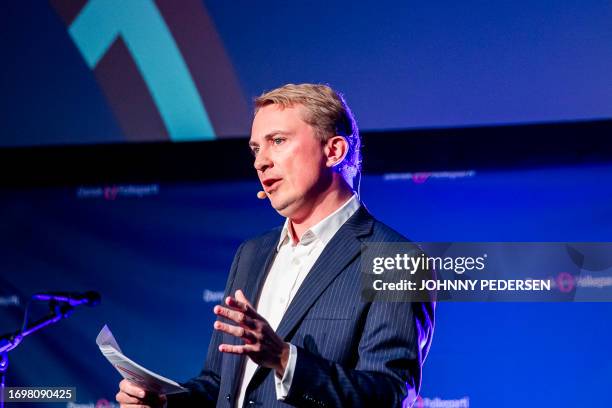 The Danish People's Party chairman Morten Messerschmidt gives the opening speech of the party's annual meeting in Viborg on September 30, 2023. /...