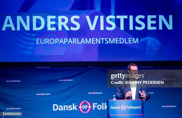 Anders Vistisen, member of the European Parliament for The Danish People's Party, delivers a speech at the party's annual meeting in Viborg on...