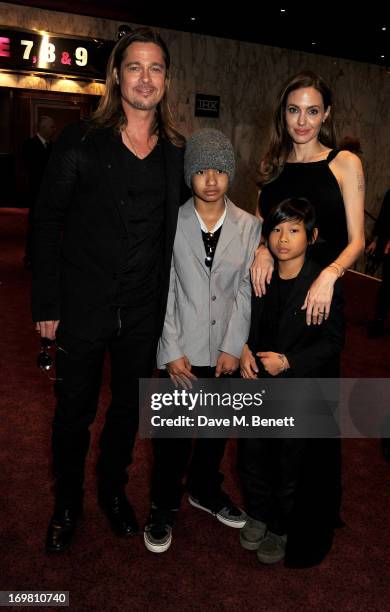 Brad Pitt, Maddox Jolie-Pitt, Pax Jolie-Pitt and Angelina Jolie attend the World Premiere of 'World War Z' at The Empire Cinema Leicester Square on...
