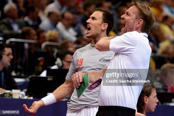 Head coach Martin Schwalb of Hamburg reacts during the EHF Final Four final match between FC Barcelona Intersport and HSV Hamburg at Lanxess Arena on...