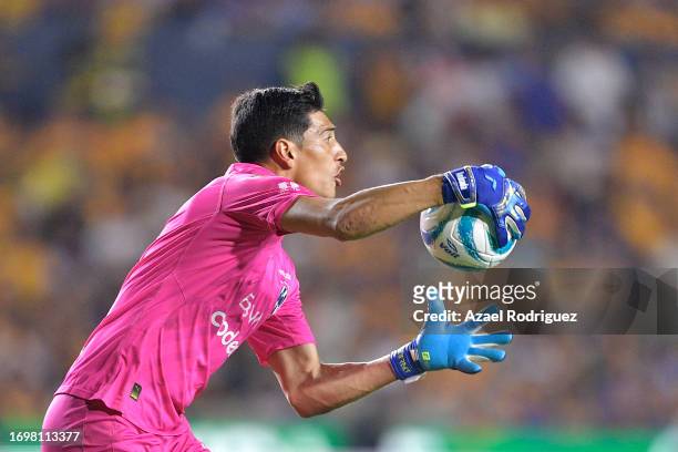 Esteban Andrada of Monterrey handles the ball during the 9th round match between Tigres UANL and Monterrey as part of the Torneo Apertura 2023 Liga...