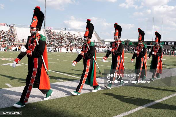 Members of the Florida A&M University Marching band, The Marching 100, performs at before the start of the game against the Alabama State Hornests at...