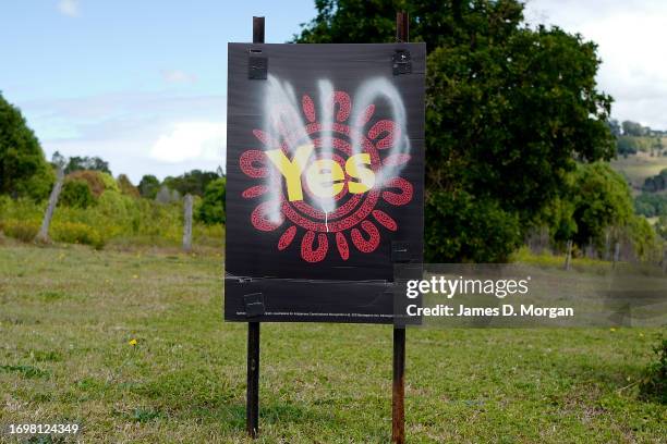 Campaign poster on the side of a road in the village of Tintenbar has the words "NO" sprayed across it on September 23, 2023 in Tintenbar, Australia....