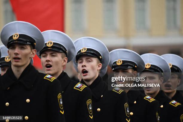 Cadets of the Admiral Makarov State University of sea and river fleet take part in the cadet initiation ceremony on Dvortsovaya Square in Saint...