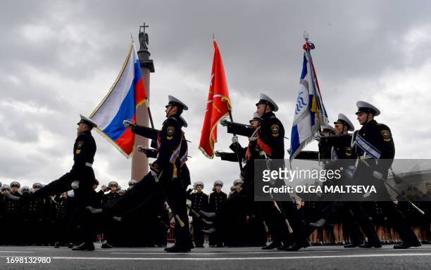 Cadets of the Admiral Makarov State University of sea and river fleet take part in the cadet initiation ceremony on Dvortsovaya Square in Saint...