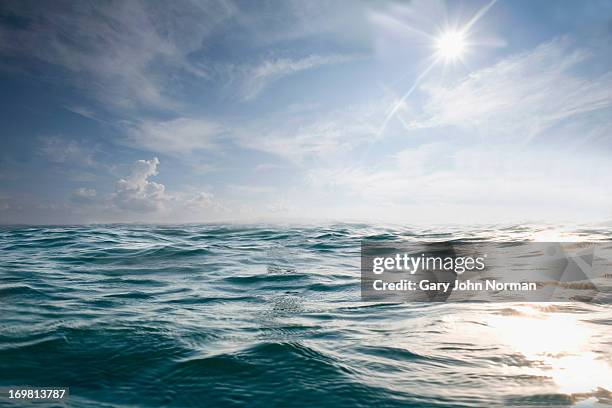 choppy blue sea with blue sky and sun - horizont über wasser stock-fotos und bilder