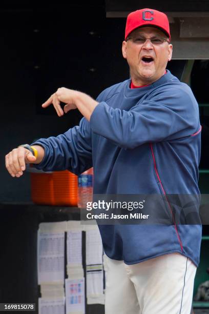 Manager Terry Francona of the Cleveland Indians yells from the dugout after being ejected for arguing with home plate umpire Bill Welke during the...