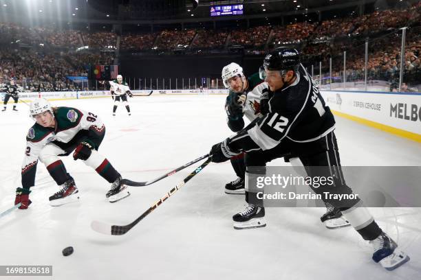 Trevor Moore of the LA Kings moves the puck during the NHL Global Series match between Arizona Coyotes and Los Angeles Kings at Rod Laver Arena on...