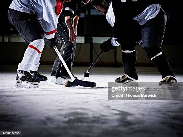 referee dropping hockey puck for faceoff - 曲棍球員 個照片及圖片檔