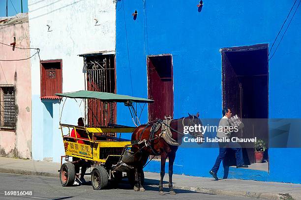 Livreur avec une cariole avec cheval dans un rue de cienfuegos à cuba delivery man with horse in a little street of cienfuegos in cuba