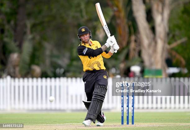 Josh Philippe of Western Australia plays a shot during the Marsh One Day Cup match between Queensland and Western Australia at Allan Border Field, on...