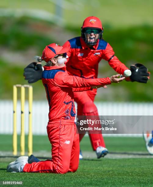 Bridget Patterson of the Scorpions catches Kayla Burton of the Meteors off the bowling of Amanda-Jade Wellington of the Scorpions during the WNCL...