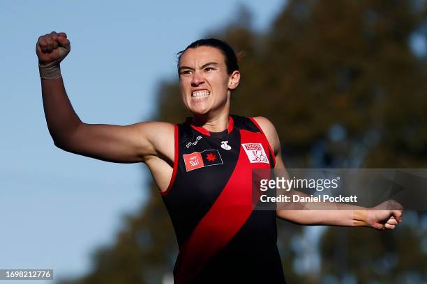 Bonnie Toogood of the Bombers celebrates kicking a goal during the round four AFLW match between Essendon Bombers and Fremantle Dockers at Windy...