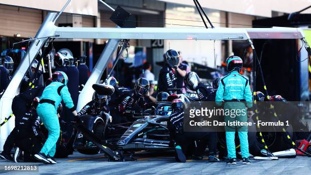 George Russell of Great Britain driving the Mercedes AMG Petronas F1 Team W14 makes a pitstop during the F1 Grand Prix of Japan at Suzuka...