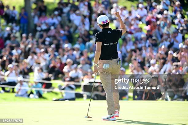 Akie Iwai of Japan celebrates winning the tournament on the 18th green during the final round of 50th Miyagi TV Cup Dunlop Ladies Open Golf...