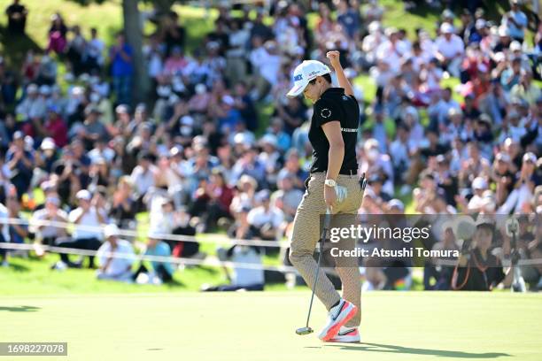 Akie Iwai of Japan celebrates winning the tournament on the 18th green during the final round of 50th Miyagi TV Cup Dunlop Ladies Open Golf...