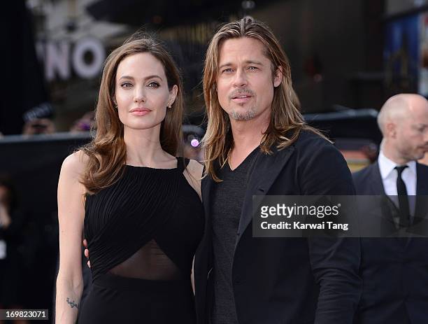 Angelina Jolie and Brad Pitt attend the World Premiere of 'World War Z' at The Empire Cinema on June 2, 2013 in London, England.