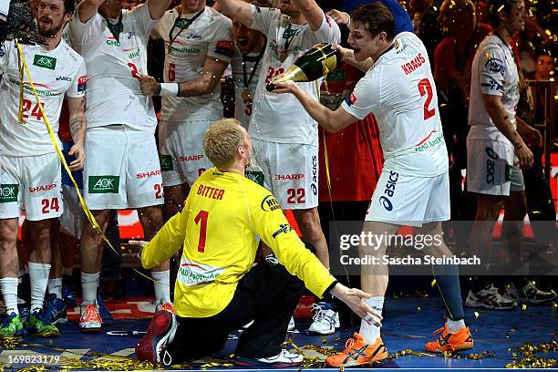 Goalkeeper Johannes Bitter and Michael Kraus of Hamburg celebrate winning the EHF Final Four final match between FC Barcelona Intersport and HSV...