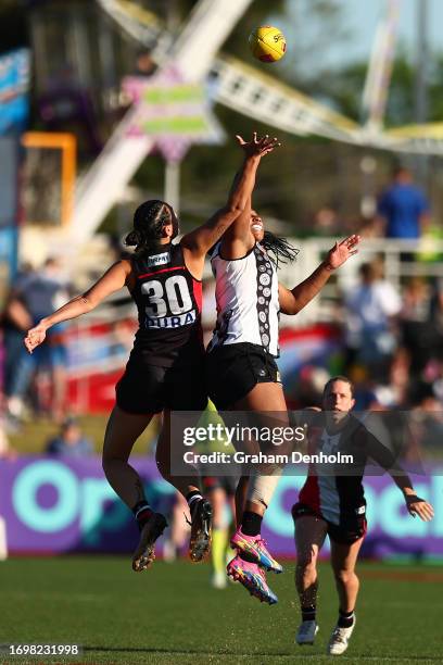 Sabrina Frederick of the Magpies competes in the ruck during the round four AFLW match between St Kilda Saints and Collingwood Magpies at RSEA Park,...