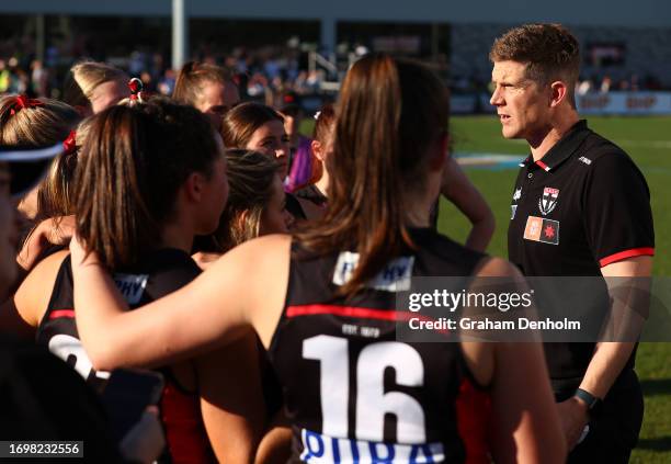 Saints AFLW Senior Coach Nick Dal Santo talks to his players during the round four AFLW match between St Kilda Saints and Collingwood Magpies at RSEA...