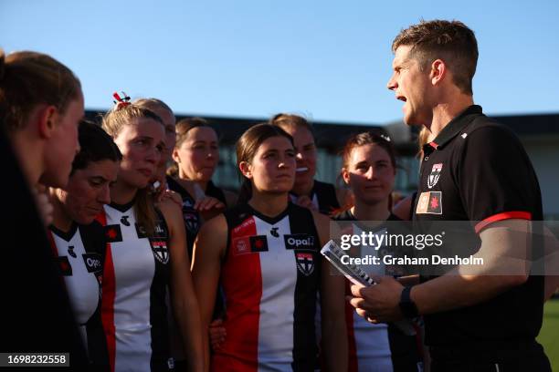 Saints AFLW Senior Coach Nick Dal Santo talks to his players during the round four AFLW match between St Kilda Saints and Collingwood Magpies at RSEA...