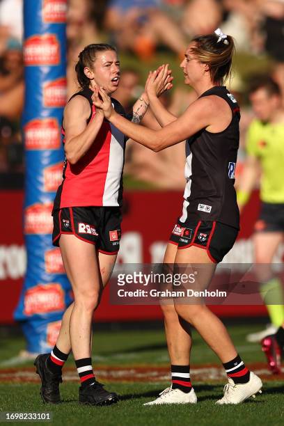Nat Exon of the Saints celebrates kicking a goal during the round four AFLW match between St Kilda Saints and Collingwood Magpies at RSEA Park, on...