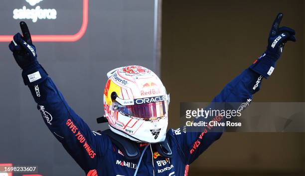 Race winner Max Verstappen of the Netherlands and Oracle Red Bull Racing celebrates in parc ferme during the F1 Grand Prix of Japan at Suzuka...
