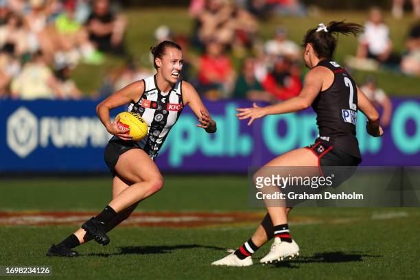 Jordyn Allen of the Magpies in action during the round four AFLW match between St Kilda Saints and Collingwood Magpies at RSEA Park, on September 24...