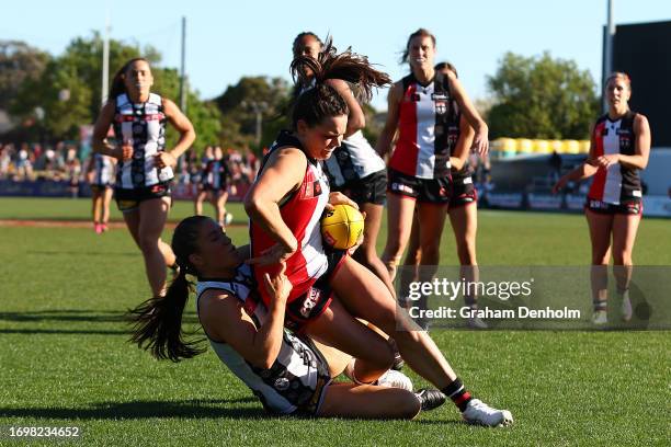 Olivia Vesely of the Saints is tackled during the round four AFLW match between St Kilda Saints and Collingwood Magpies at RSEA Park, on September 24...