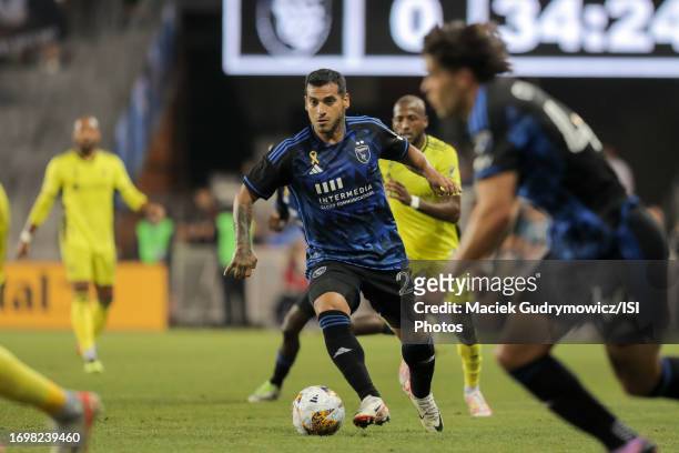 Miguel Trauco of the San Jose Earthquakes advances the ball during a game between Nashville SC and San Jose Earthquakes at PayPal Park on September...