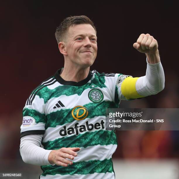 Callum McGregor celerates at Full Time during a cinch Premiership match between Motherwell and Celtic at Fir Park, on September 30 in Motherwell,...