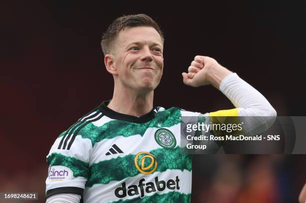Callum McGregor celerates at Full Time during a cinch Premiership match between Motherwell and Celtic at Fir Park, on September 30 in Motherwell,...