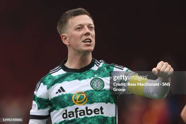 Callum McGregor celerates at Full Time during a cinch Premiership match between Motherwell and Celtic at Fir Park, on September 30 in Motherwell,...