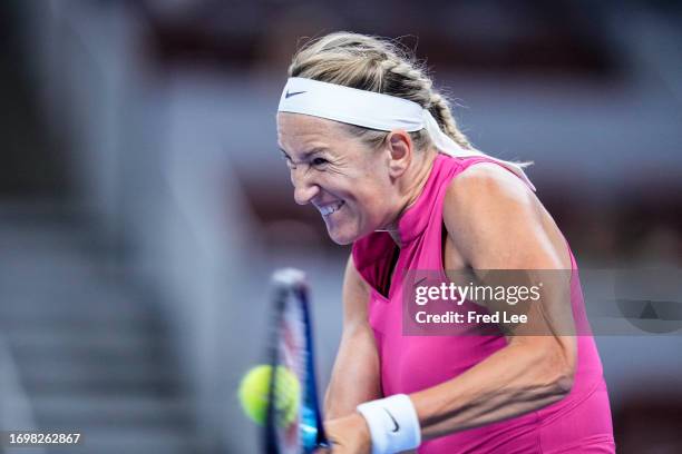 Victoria Azarenka of Belarus in action during a match against Magda Linette of Poland during day 5 of the 2023 China Open at National Tennis Center...