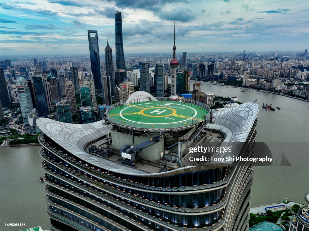 White Magnolia Plaza building complex and helipad aerial view, Shanghai, China