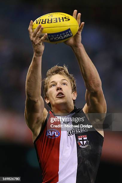 Rhys Stanley of the Saints marks the ball during the round ten AFL match between the North Melbourne Kangaroos and the St Kilda Saints at Etihad...