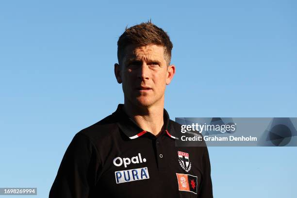Saints AFLW Senior Coach Nick Dal Santo looks on during the round four AFLW match between St Kilda Saints and Collingwood Magpies at RSEA Park, on...