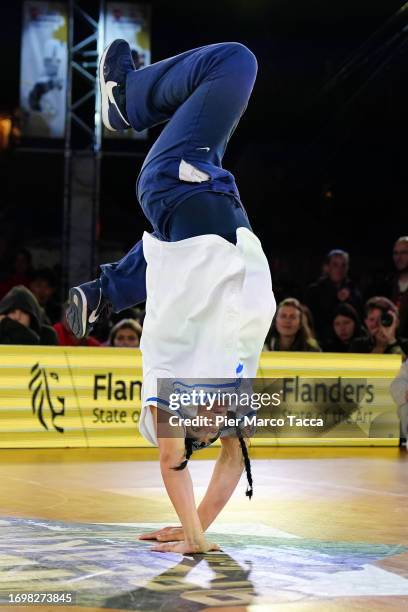 Antilai Sandrini of Italy, called Anti performs on stage during her exibition in the 1 on 1 B- girls Top 32 at the WDSF World Breaking Championship...