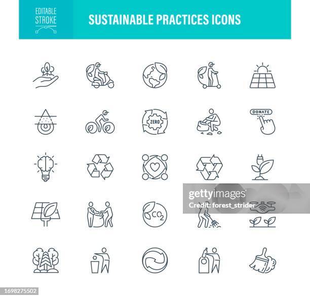 sustainable practices icons editable stroke - recycling symbol stock illustrations